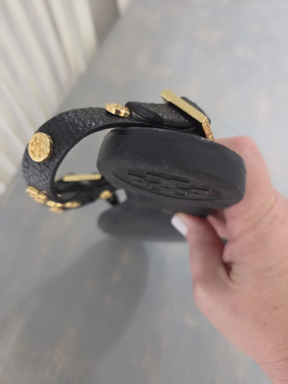 Tory BURCH Black Leather T-Strap Sandals with Gold Studs
